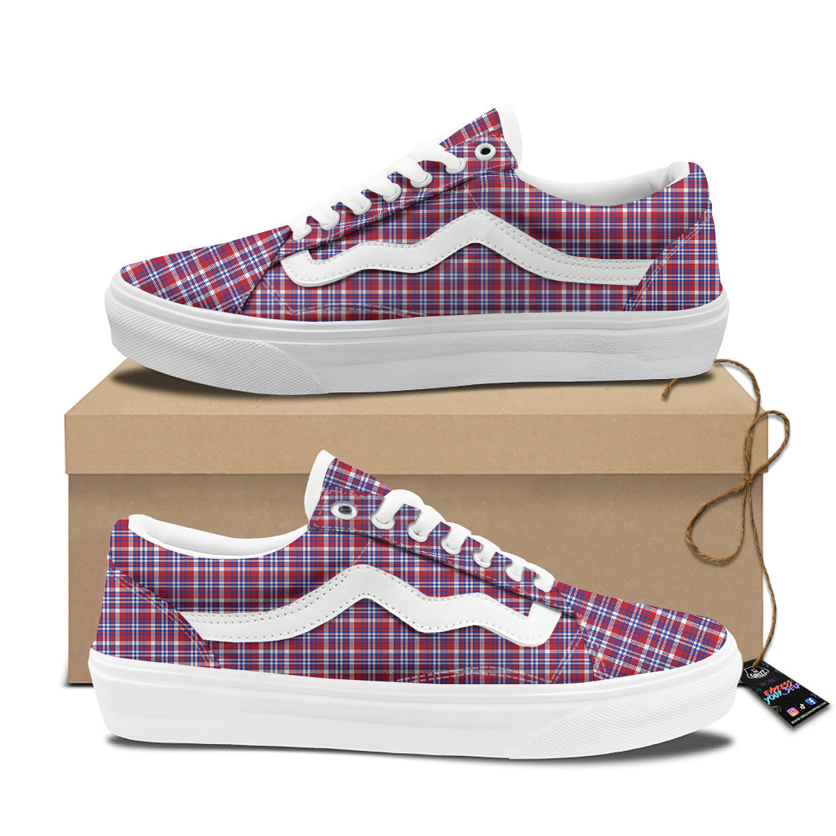 White USA Plaid And Blue Red Print Skate Shoes-grizzshop