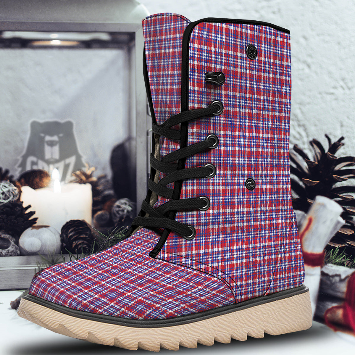 White USA Plaid And Blue Red Print Snow Boots-grizzshop