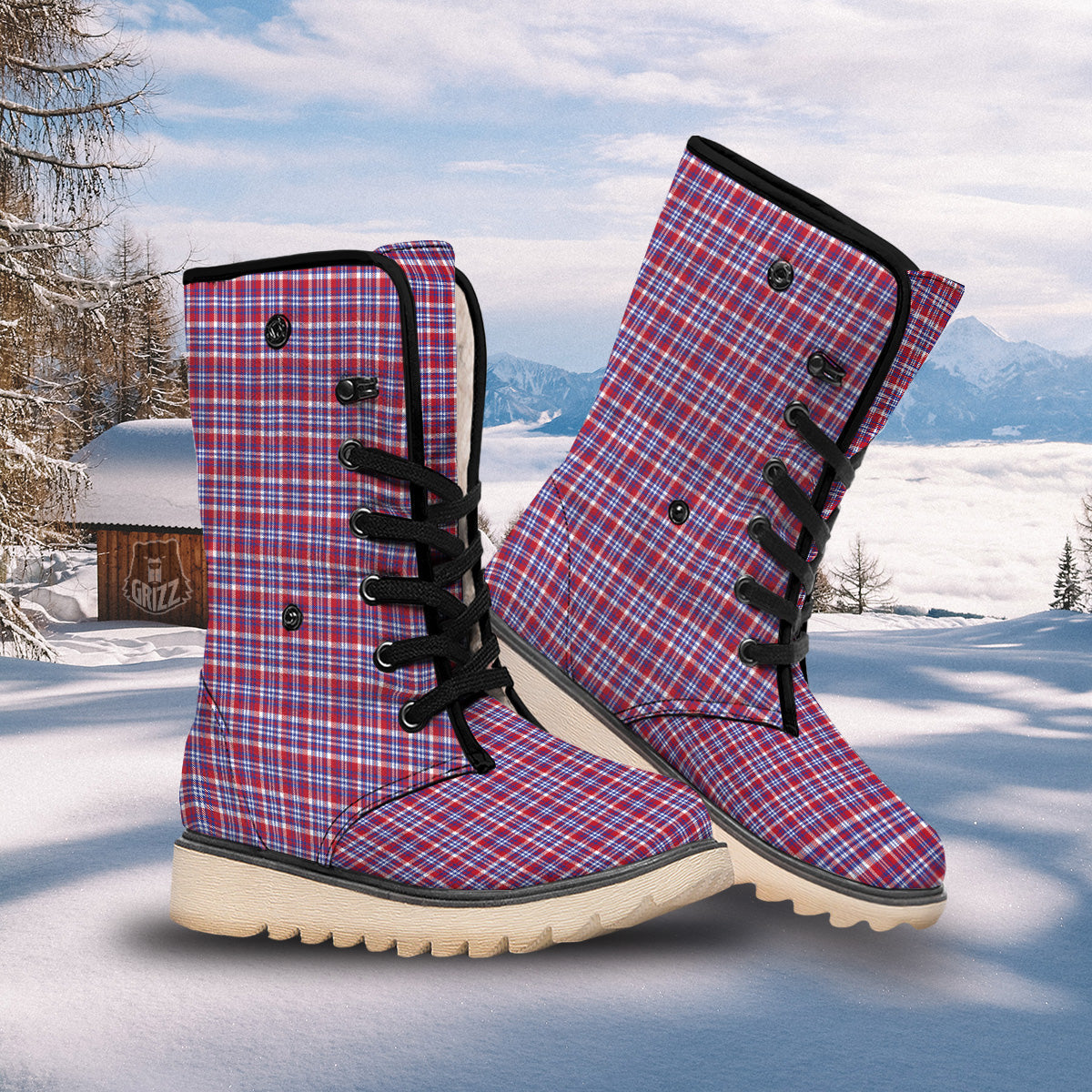 White USA Plaid And Blue Red Print Snow Boots-grizzshop