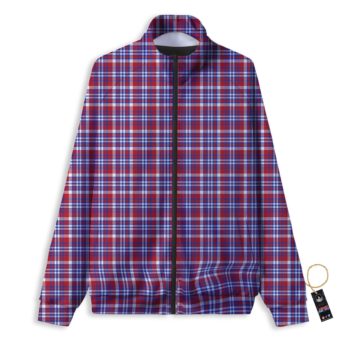 White USA Plaid And Blue Red Print Track Jacket-grizzshop