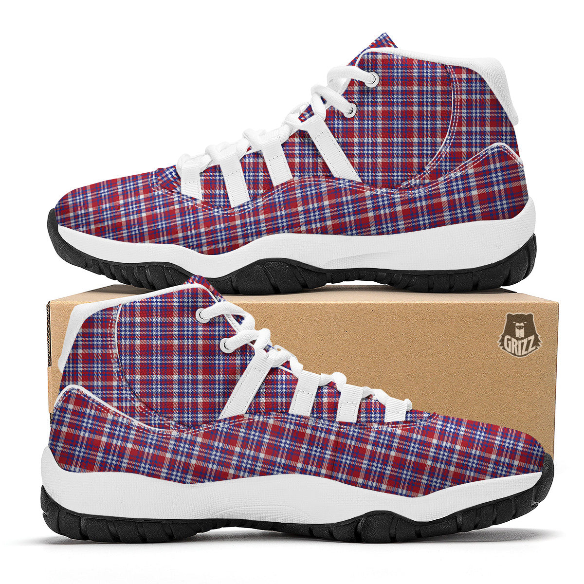 White USA Plaid And Blue Red Print White Bball Shoes-grizzshop