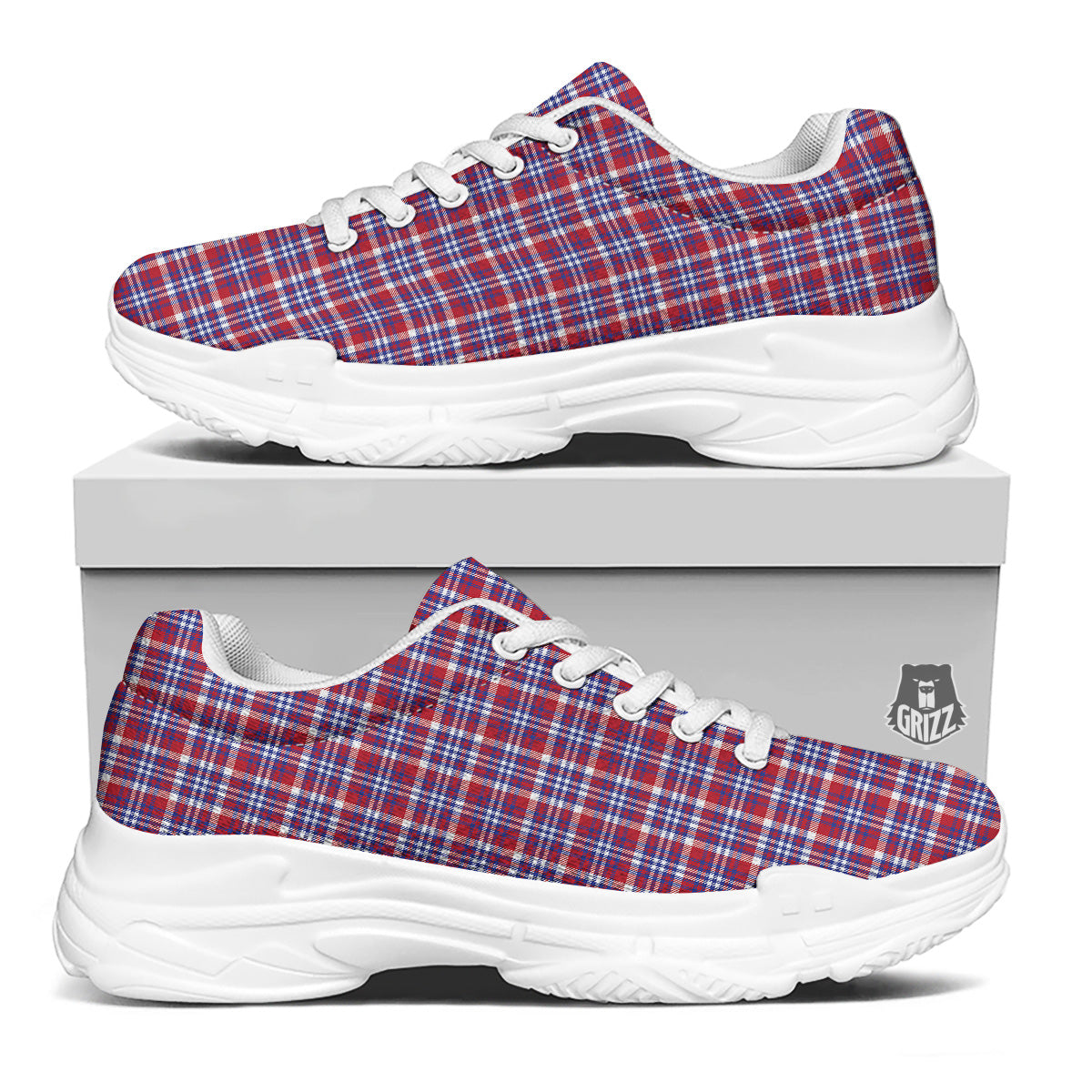 White USA Plaid And Blue Red Print White Chunky Shoes-grizzshop