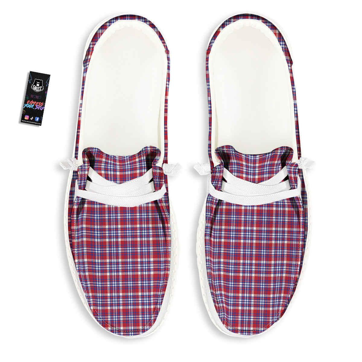 White USA Plaid And Blue Red Print White Loafers-grizzshop