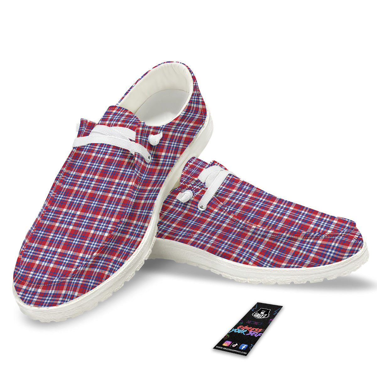 White USA Plaid And Blue Red Print White Loafers-grizzshop