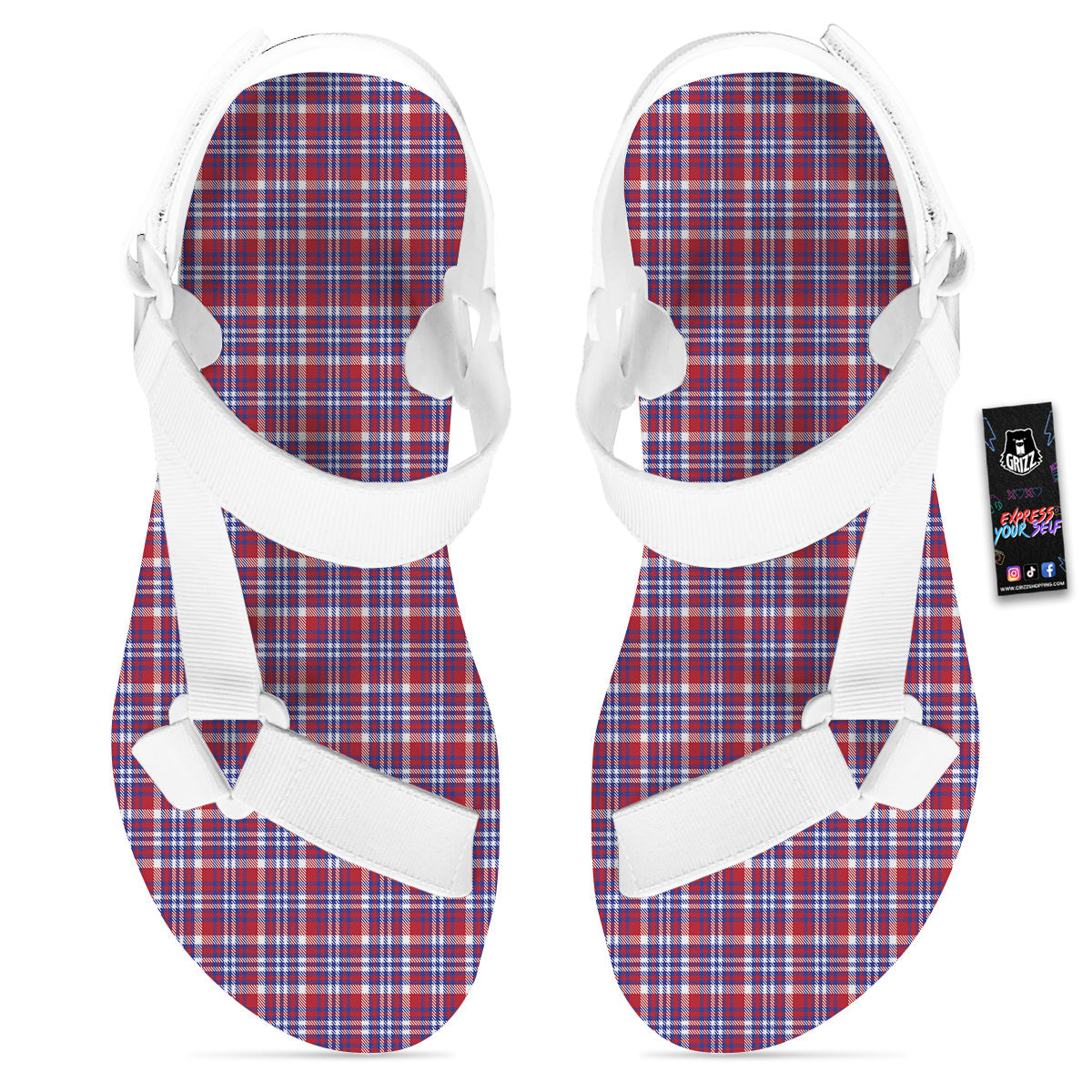 White USA Plaid And Blue Red Print White Open Toe Sandals-grizzshop