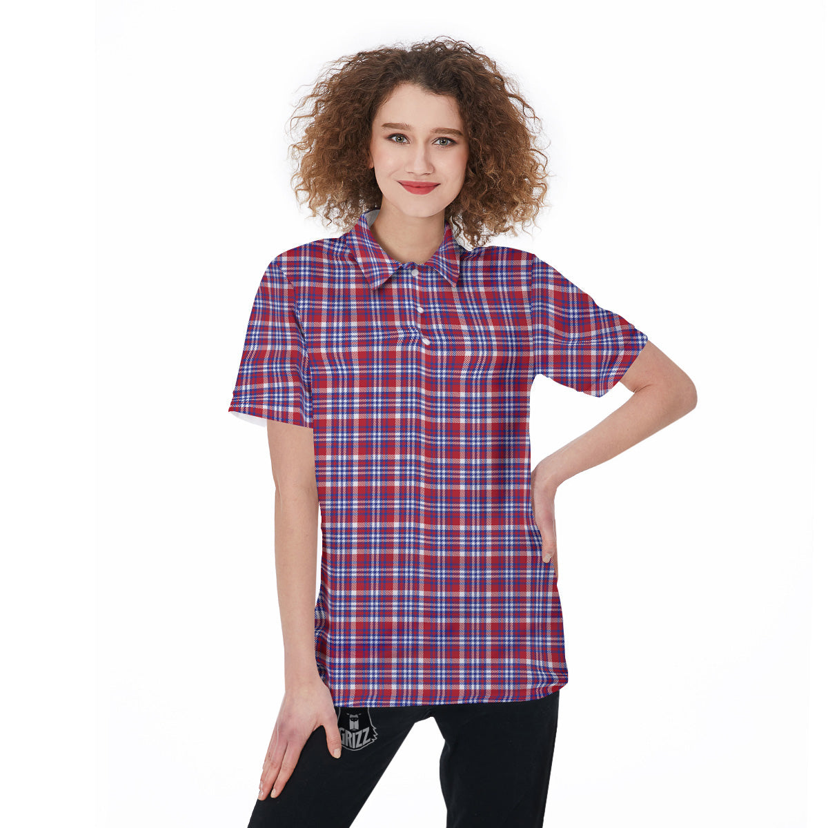 White USA Plaid And Blue Red Print Women's Golf Shirts-grizzshop