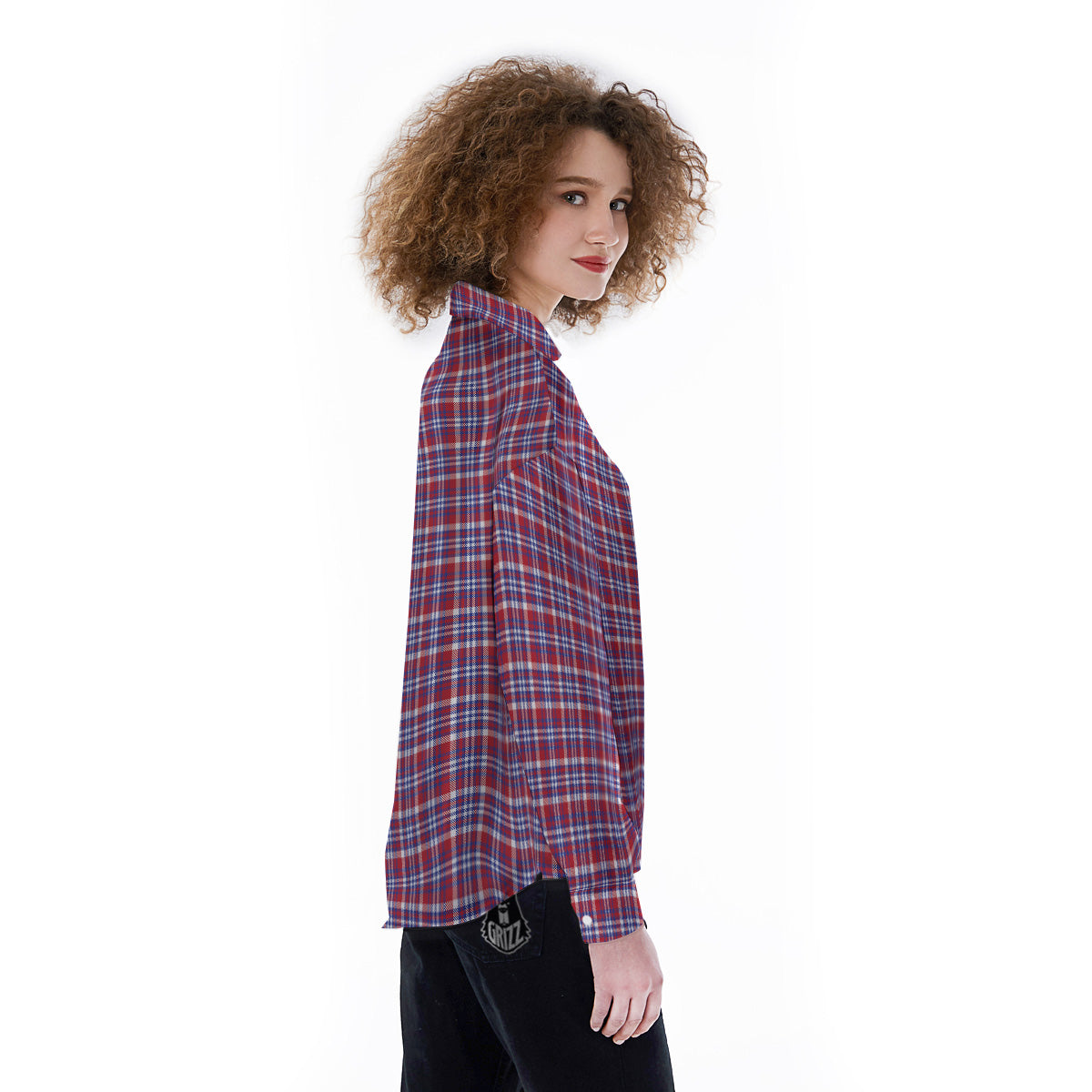 White USA Plaid And Blue Red Print Women's Long Sleeve Shirts-grizzshop