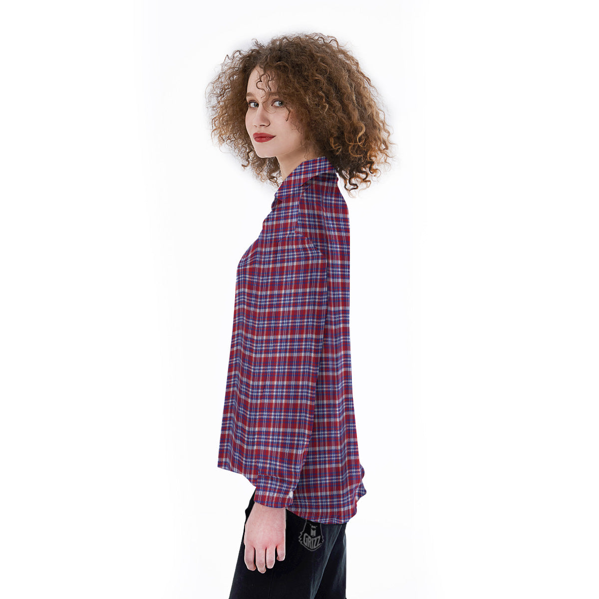 White USA Plaid And Blue Red Print Women's Long Sleeve Shirts-grizzshop