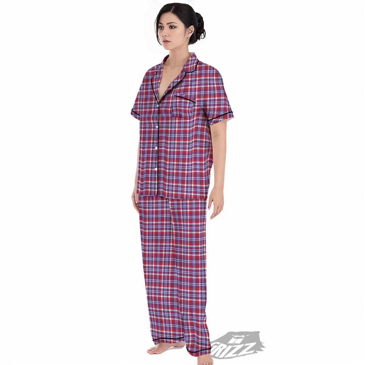 White USA Plaid And Blue Red Print Women's Pajamas Set-grizzshop