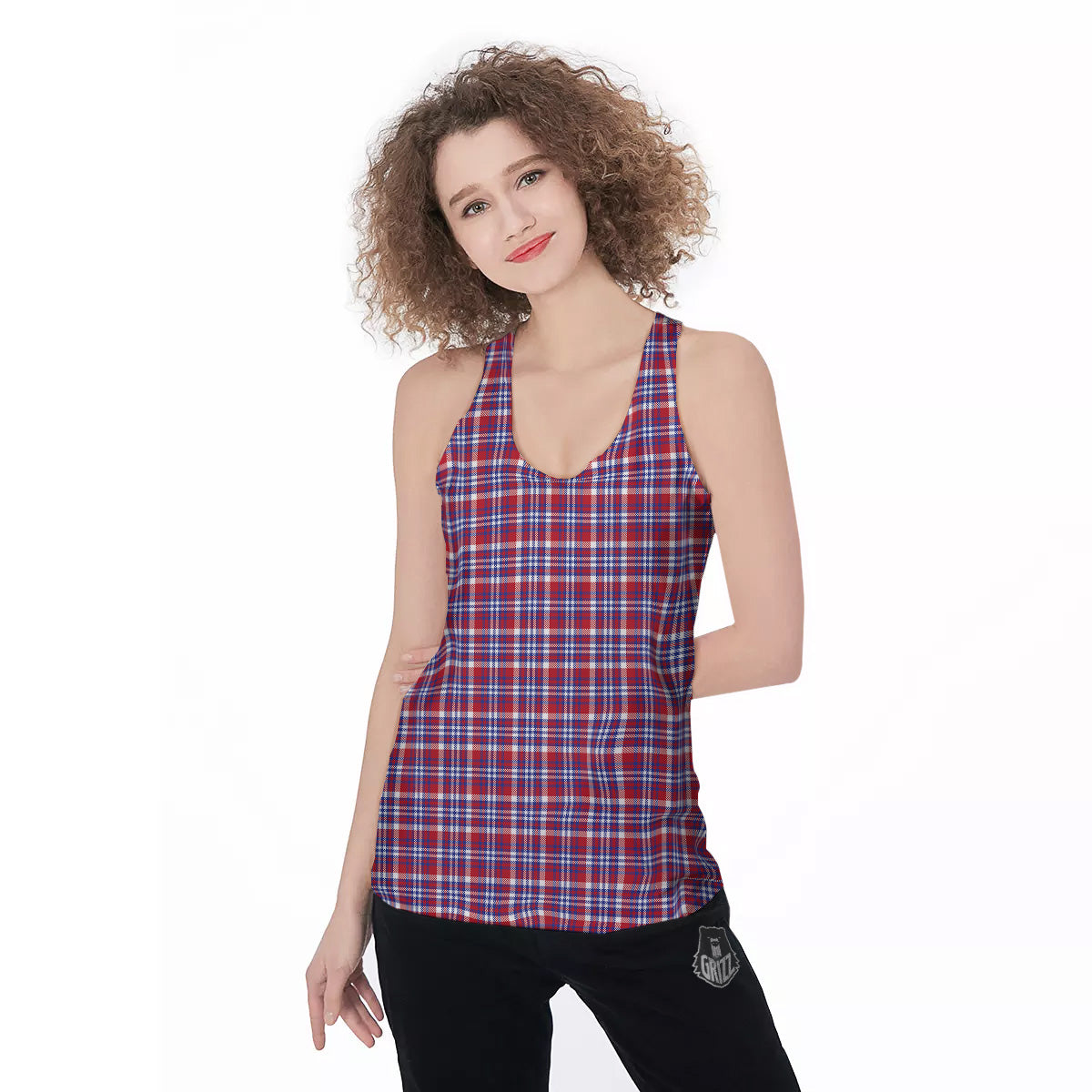 White USA Plaid And Blue Red Print Women's Racerback Tank Top-grizzshop