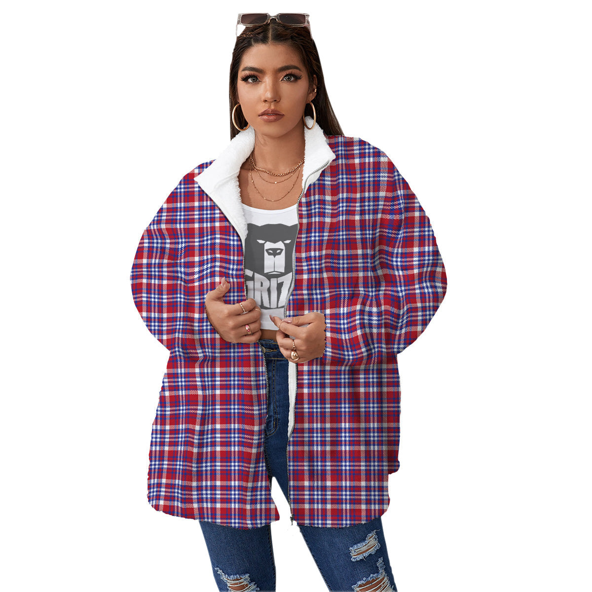 White USA Plaid And Blue Red Print Women's Sherpa Jacket-grizzshop