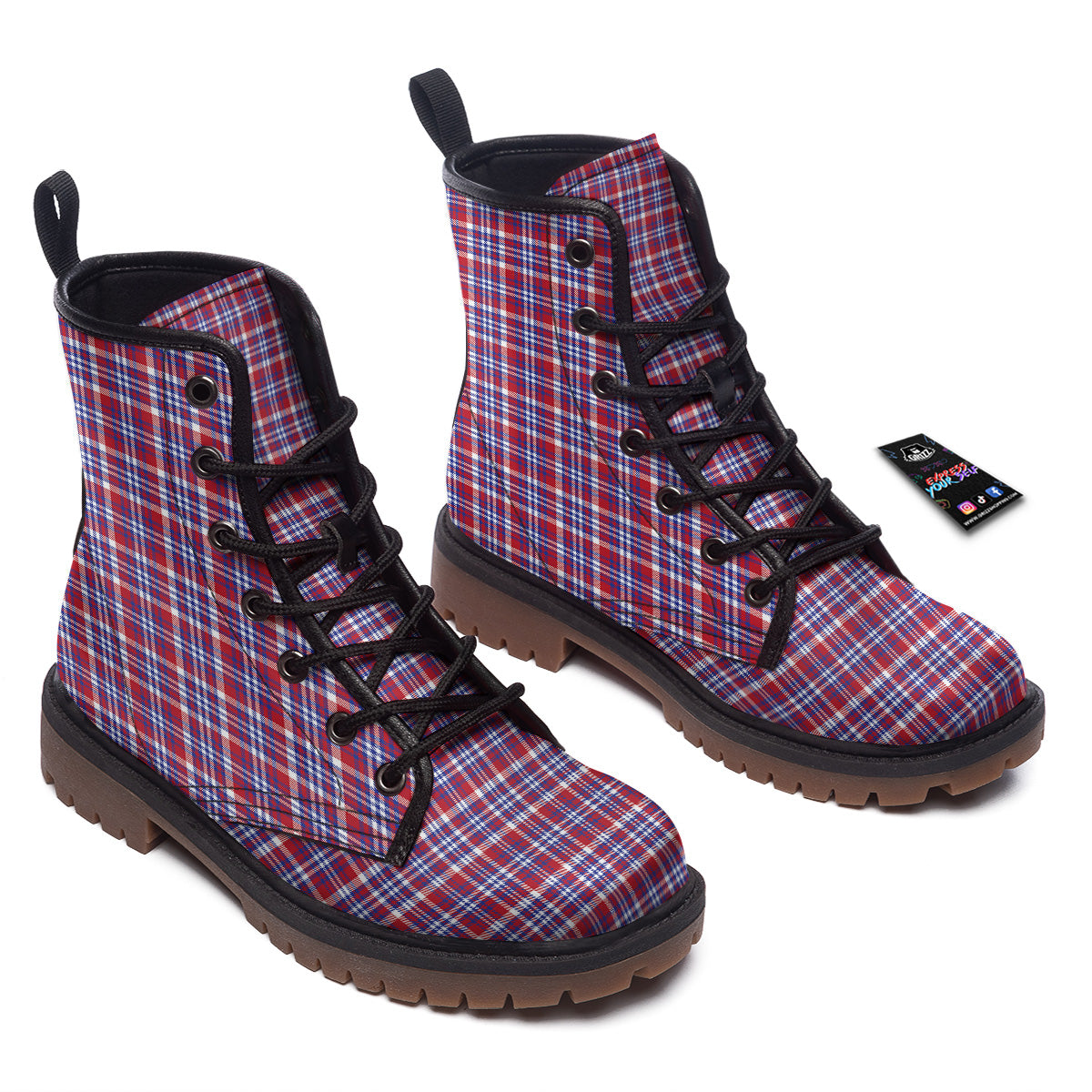 White USA Plaid And Blue Red Print Work Boots-grizzshop