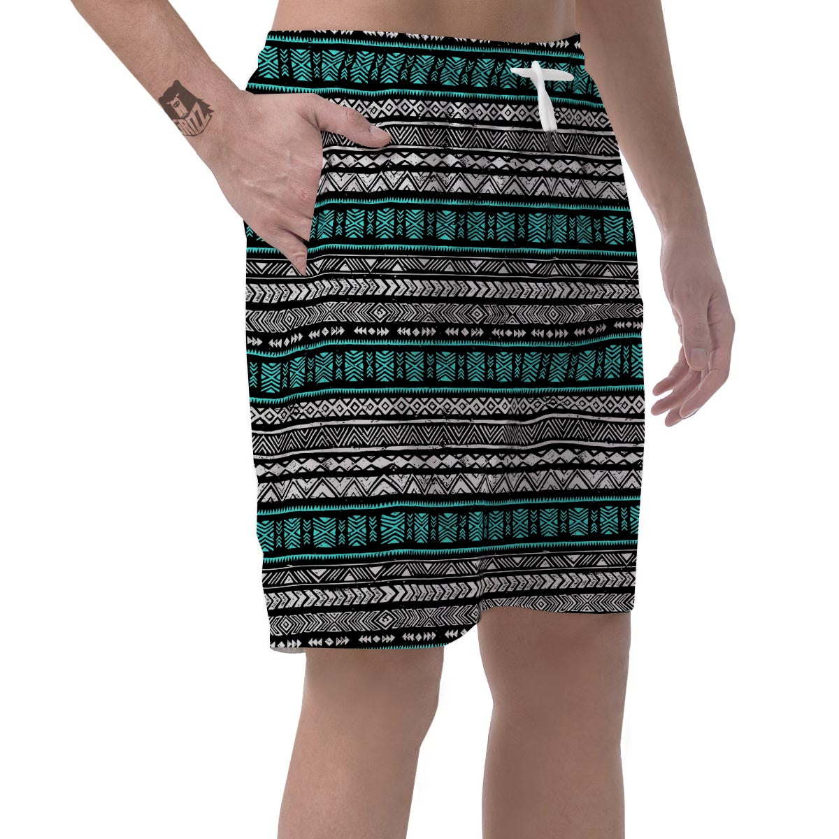 White and Turquoise Tribal Navajo Hand Drawn Men's Shorts-grizzshop