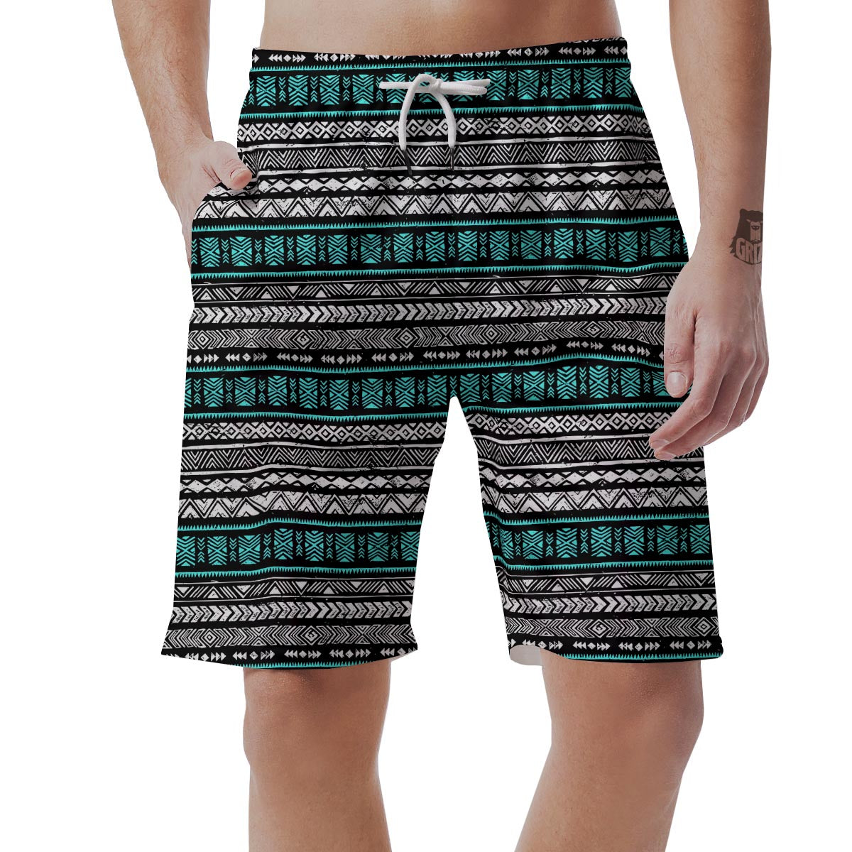 White and Turquoise Tribal Navajo Hand Drawn Men's Shorts-grizzshop
