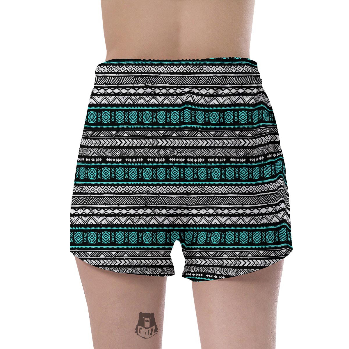 White and Turquoise Tribal Navajo Hand Drawn Women's Shorts-grizzshop
