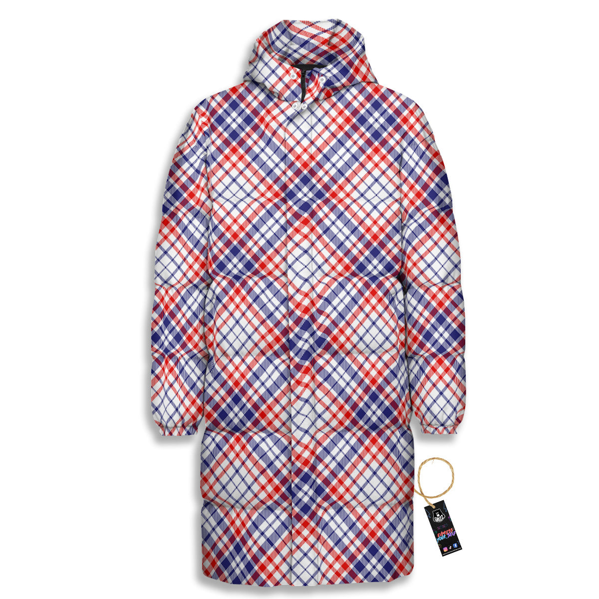 White American Plaid And Blue Red Print Long Down Jacket