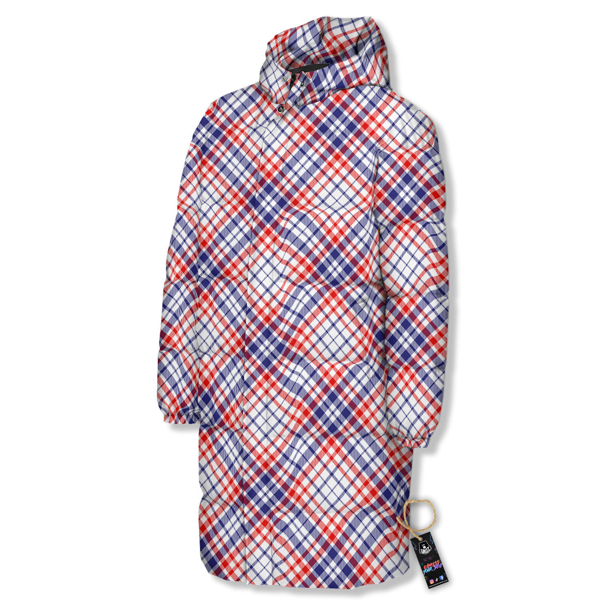White American Plaid And Blue Red Print Long Down Jacket