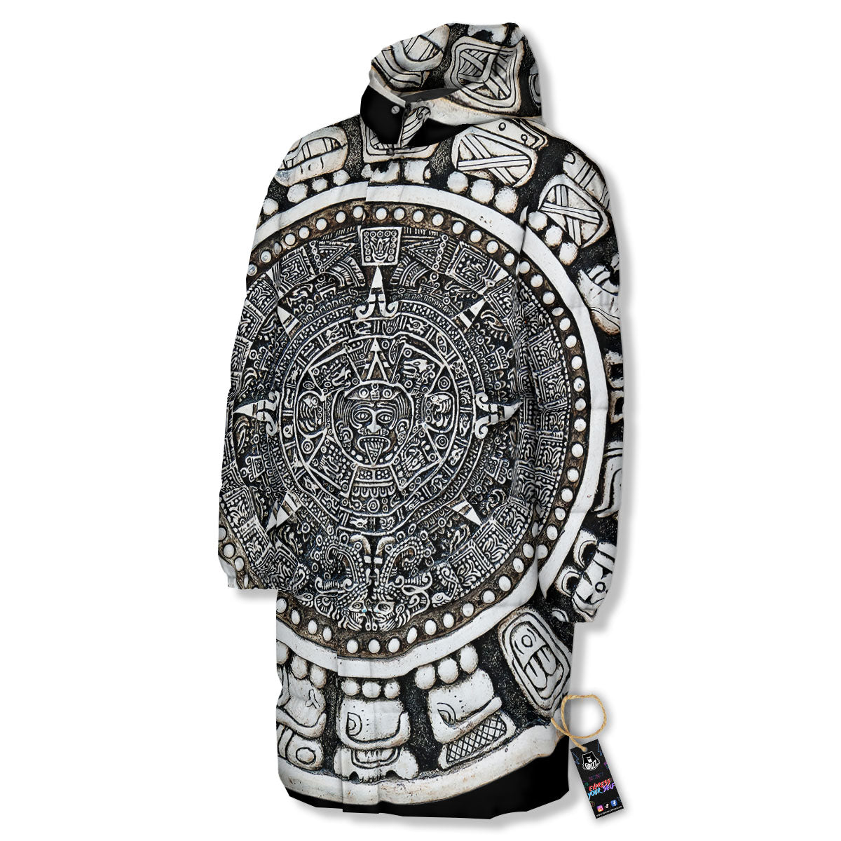 White And Black Maya Calendar Print Long Down Jacket