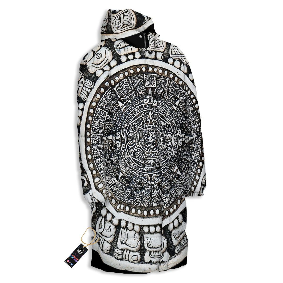 White And Black Maya Calendar Print Long Down Jacket