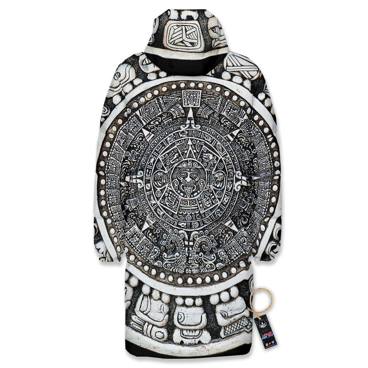 White And Black Maya Calendar Print Long Down Jacket