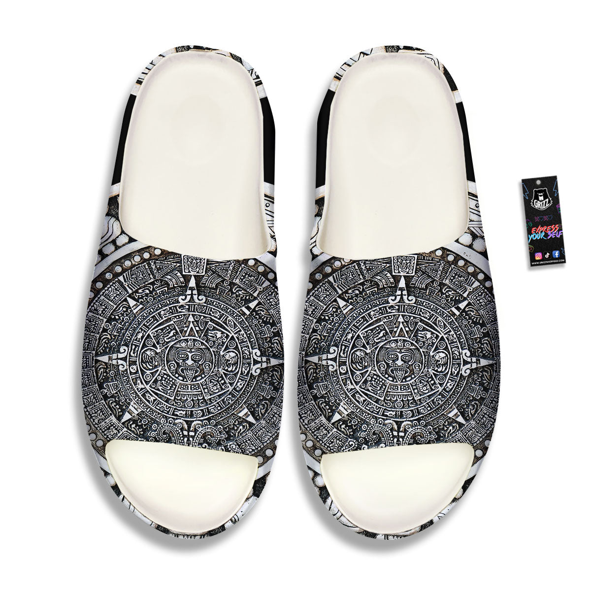 White And Black Maya Calendar Print Sandals-grizzshop