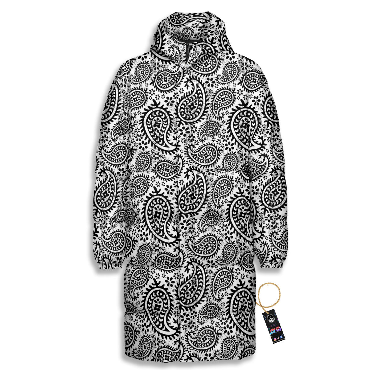 White And Black Paisley Print Pattern Long Down Jacket