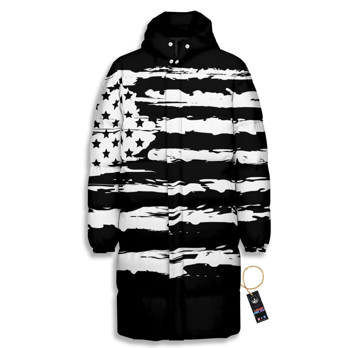 White And Black USA Flag Print Long Down Jacket