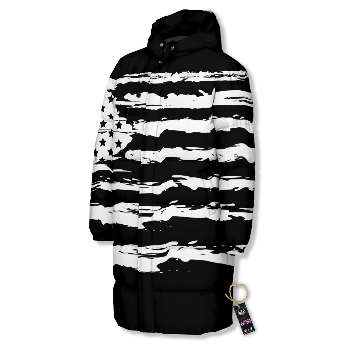 White And Black USA Flag Print Long Down Jacket