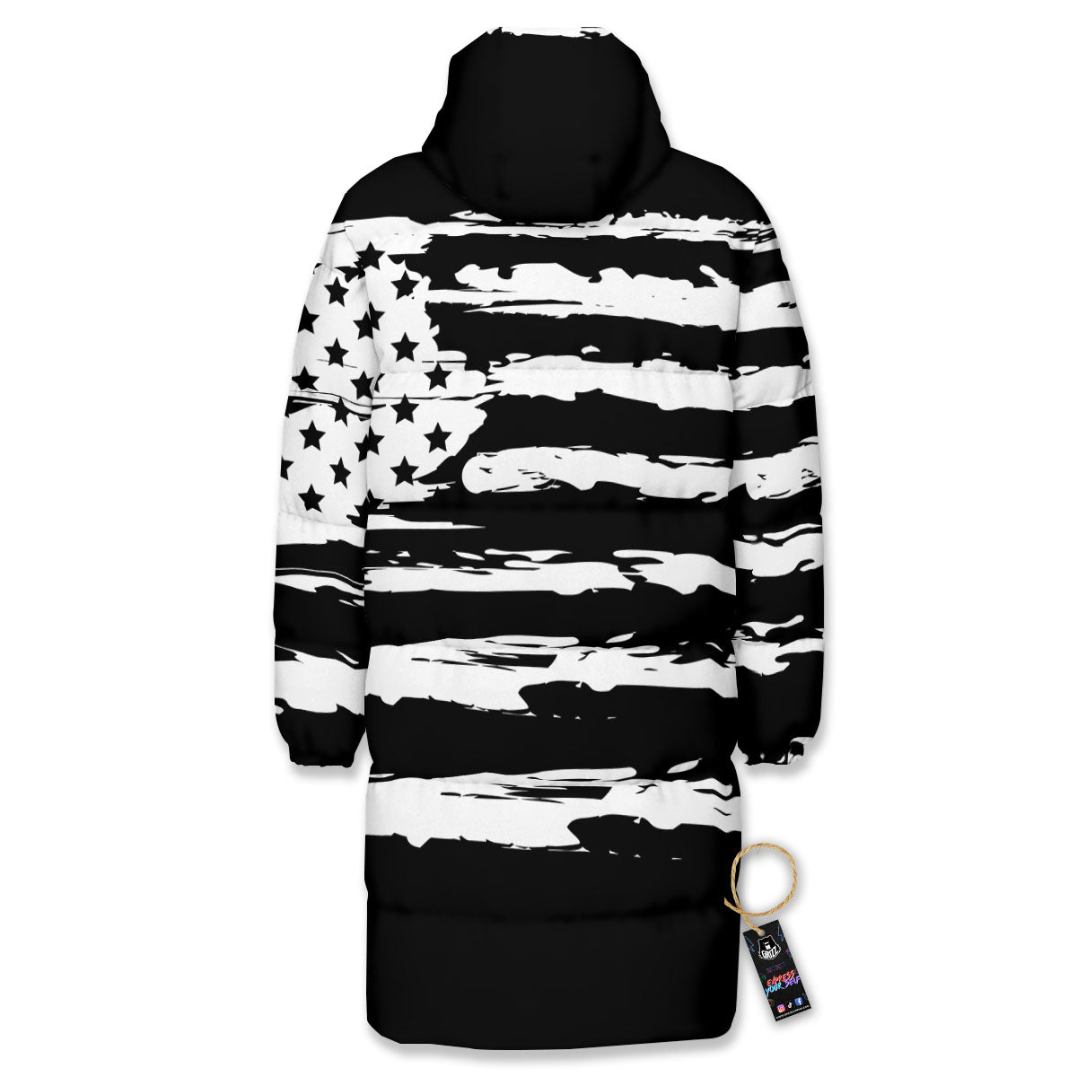 White And Black USA Flag Print Long Down Jacket
