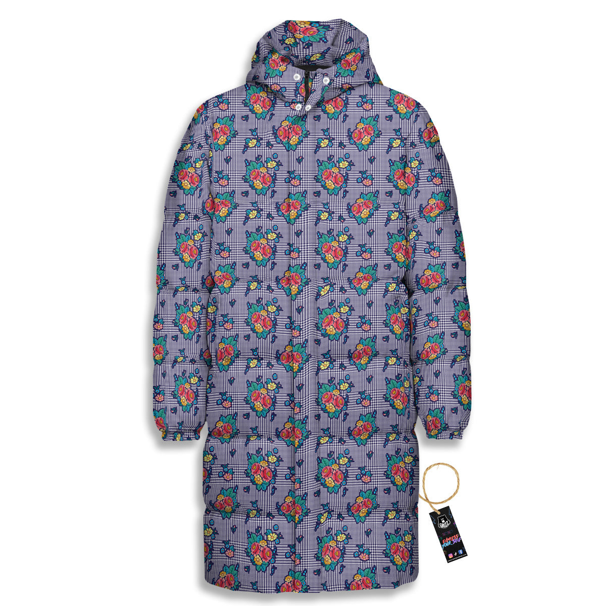White And Blue Floral Glen Plaid Print Long Down Jacket