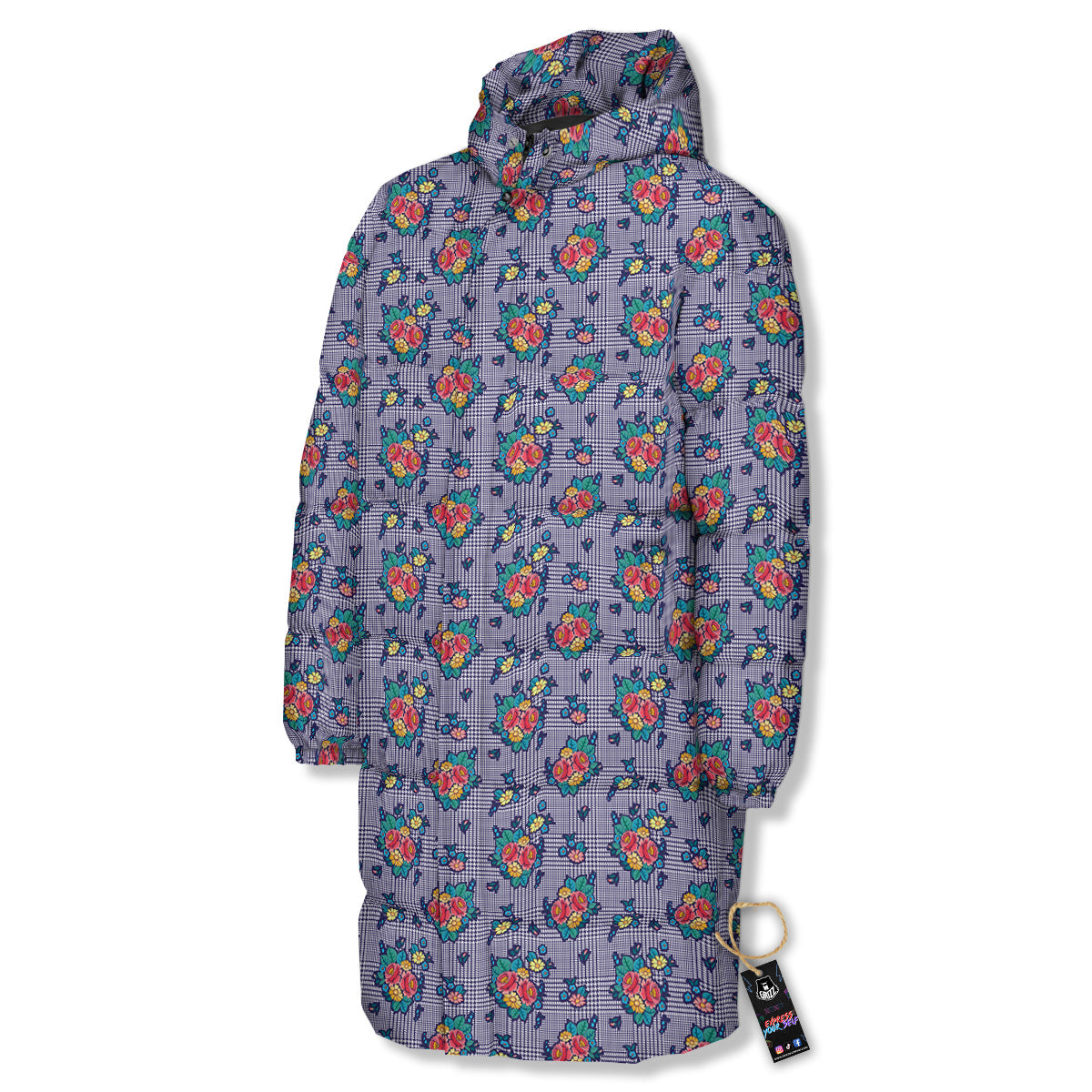 White And Blue Floral Glen Plaid Print Long Down Jacket