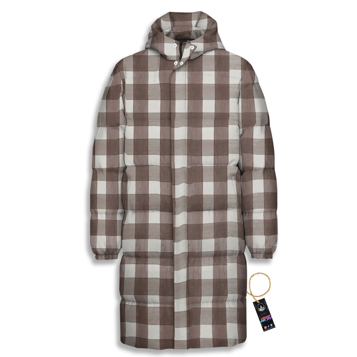 White And Brown Doodle Check Print Pattern Long Down Jacket