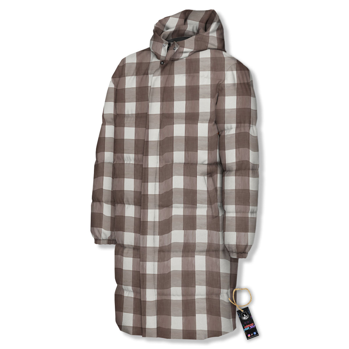 White And Brown Doodle Check Print Pattern Long Down Jacket