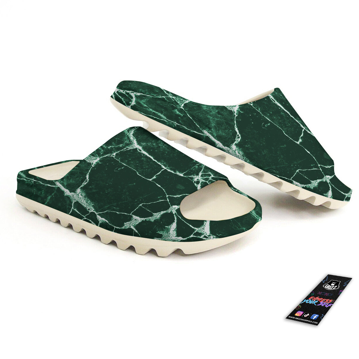 White And Dark Green Marble Texture Print Sandals-grizzshop