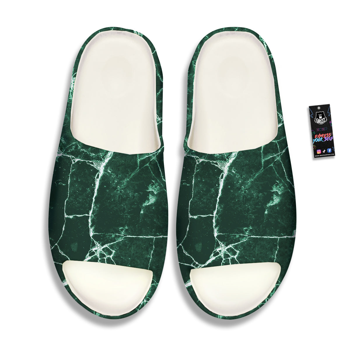 White And Dark Green Marble Texture Print Sandals-grizzshop