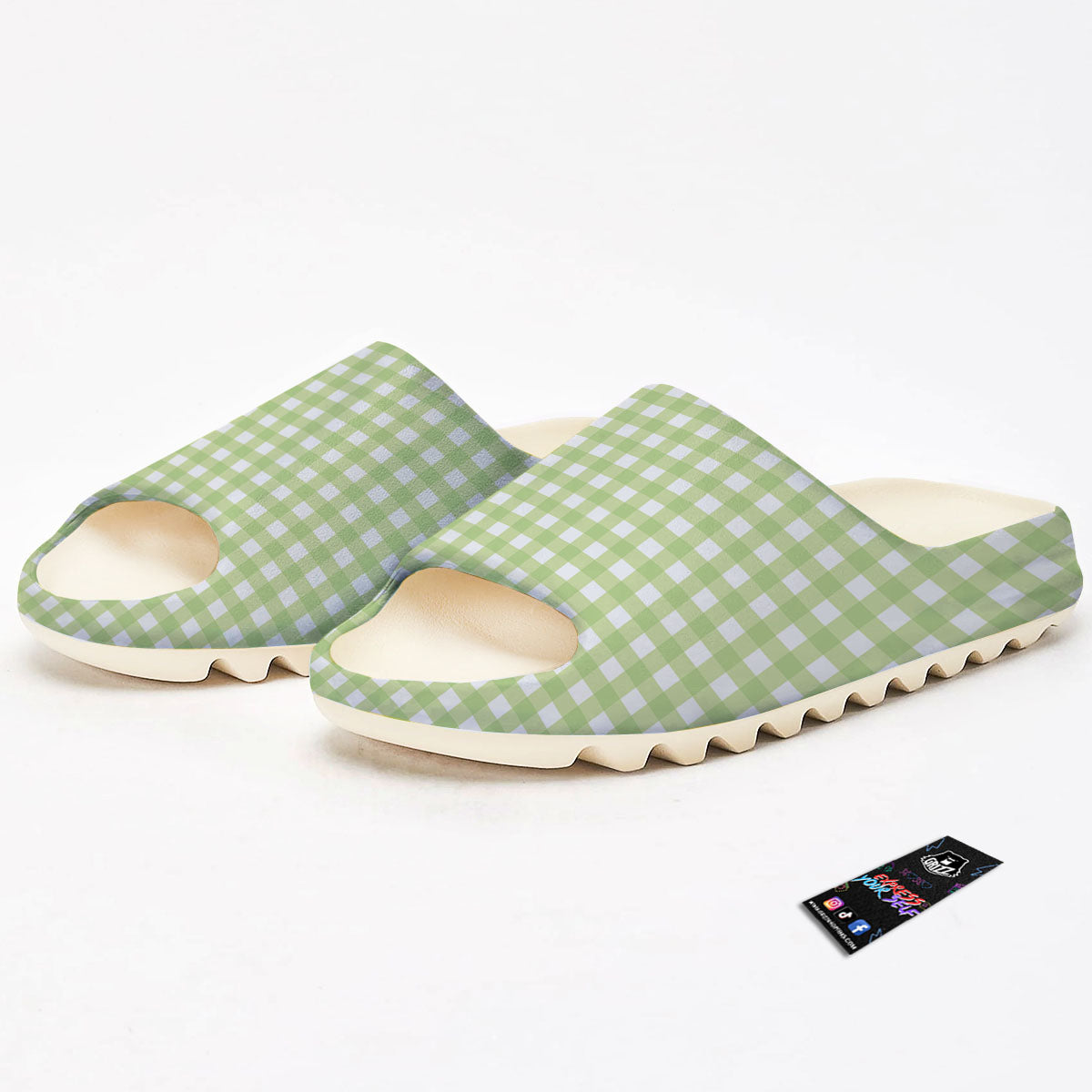 White And Green Check Print Pattern Sandals-grizzshop