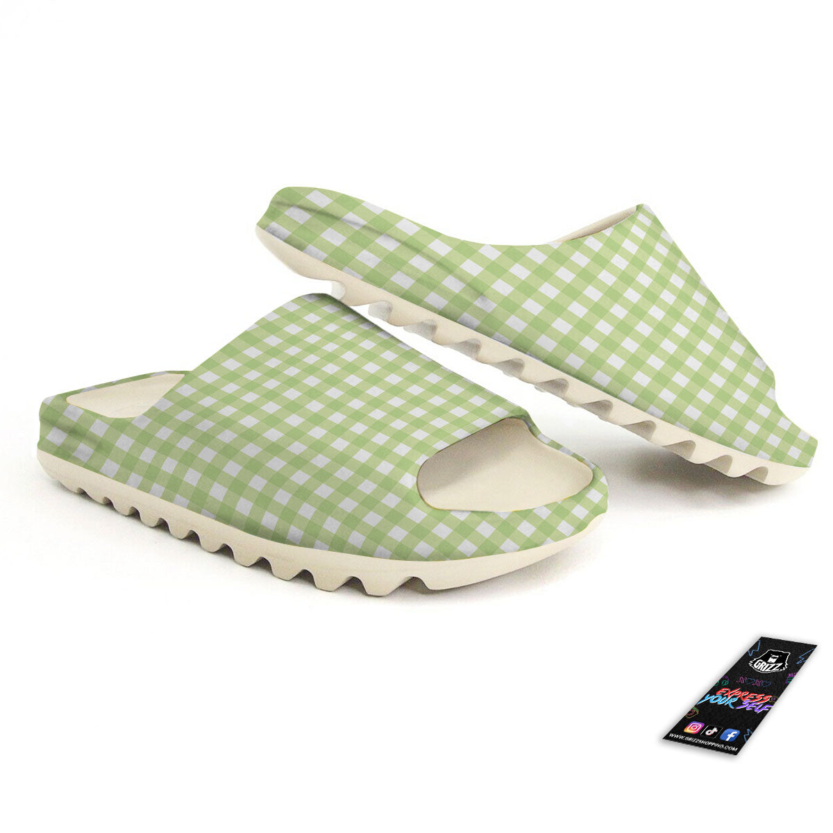 White And Green Check Print Pattern Sandals-grizzshop
