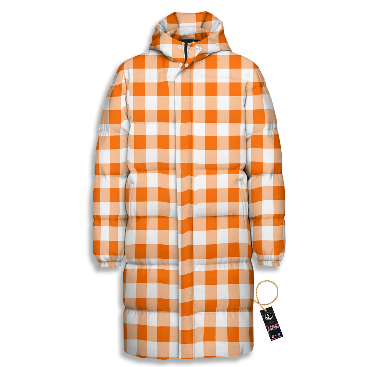 White And Orange Check Print Pattern Long Down Jacket