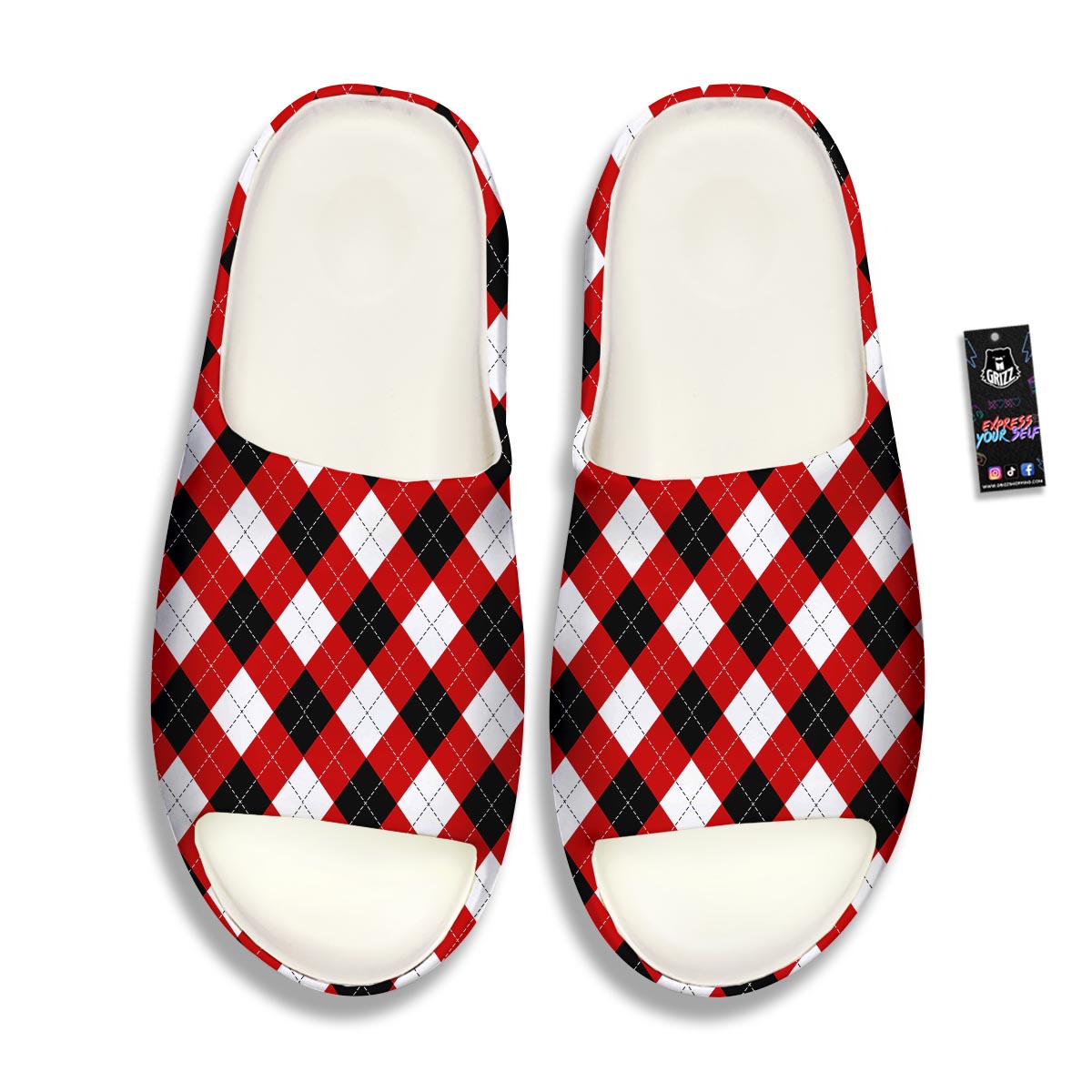 White Argyle And Black Red Print Pattern Sandals-grizzshop