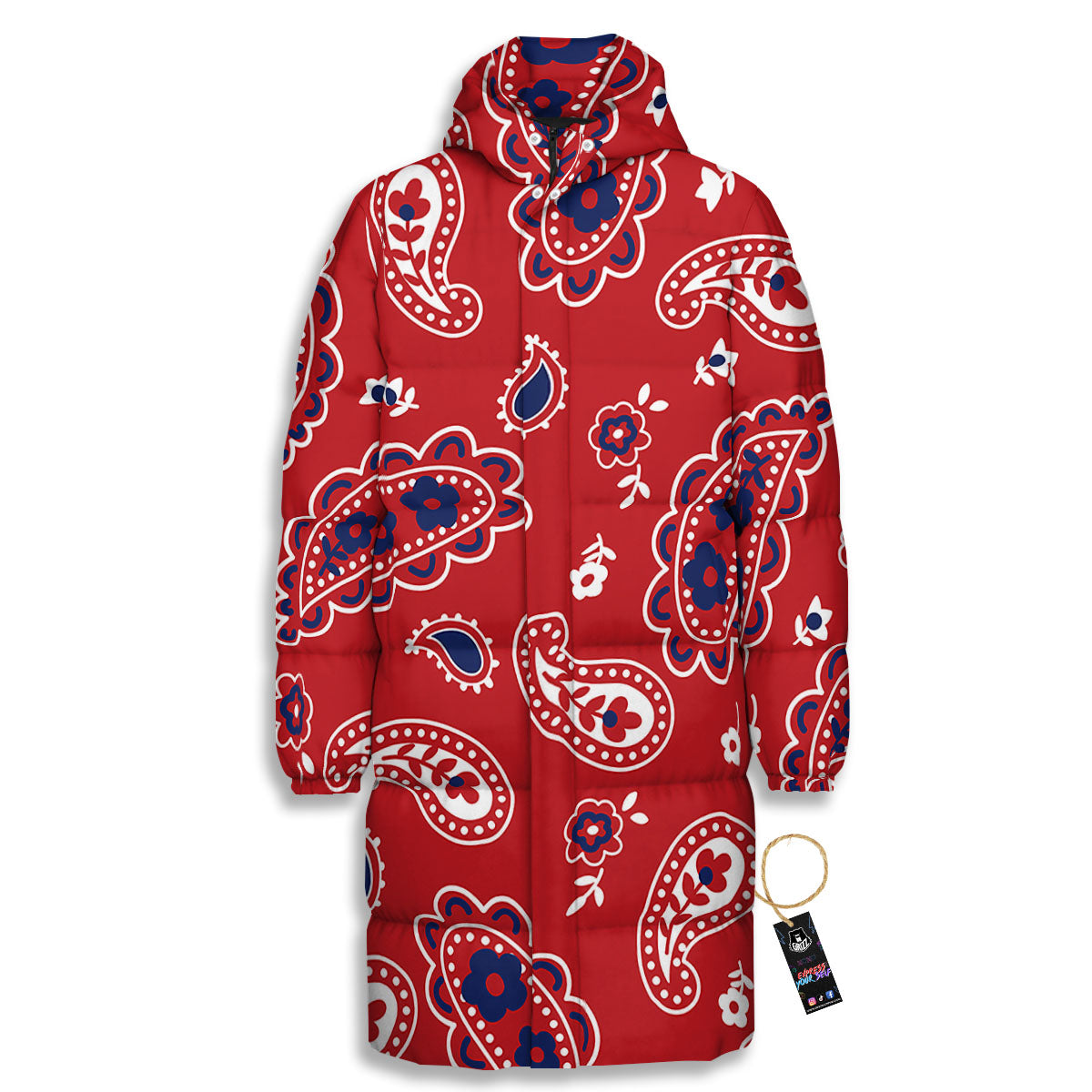 White Bandana And Blue Red Print Long Down Jacket