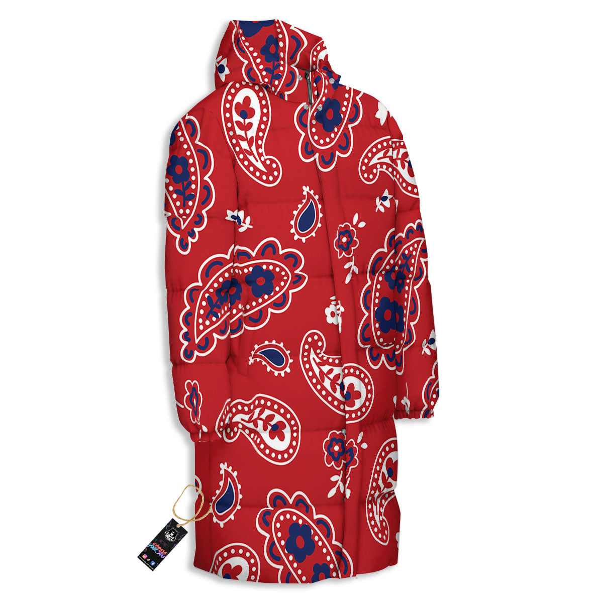 White Bandana And Blue Red Print Long Down Jacket