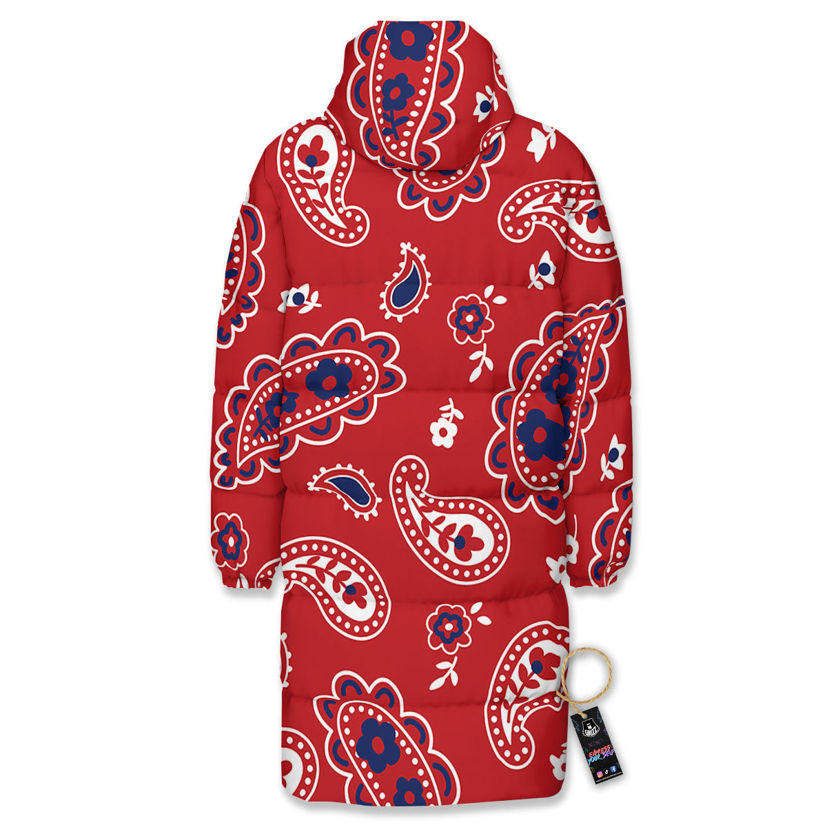 White Bandana And Blue Red Print Long Down Jacket