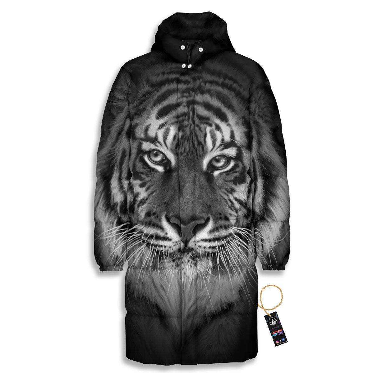 White Bengal Tiger Monochrome Print Long Down Jacket