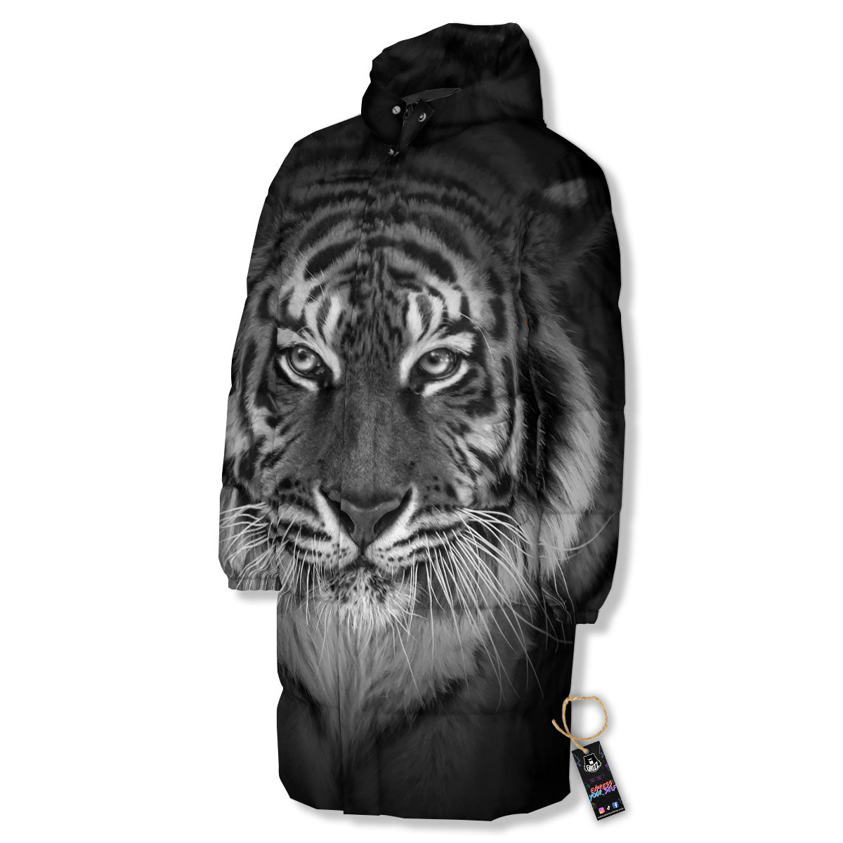 White Bengal Tiger Monochrome Print Long Down Jacket
