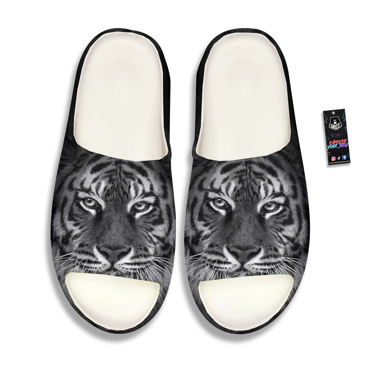 White Bengal Tiger Monochrome Print Sandals-grizzshop