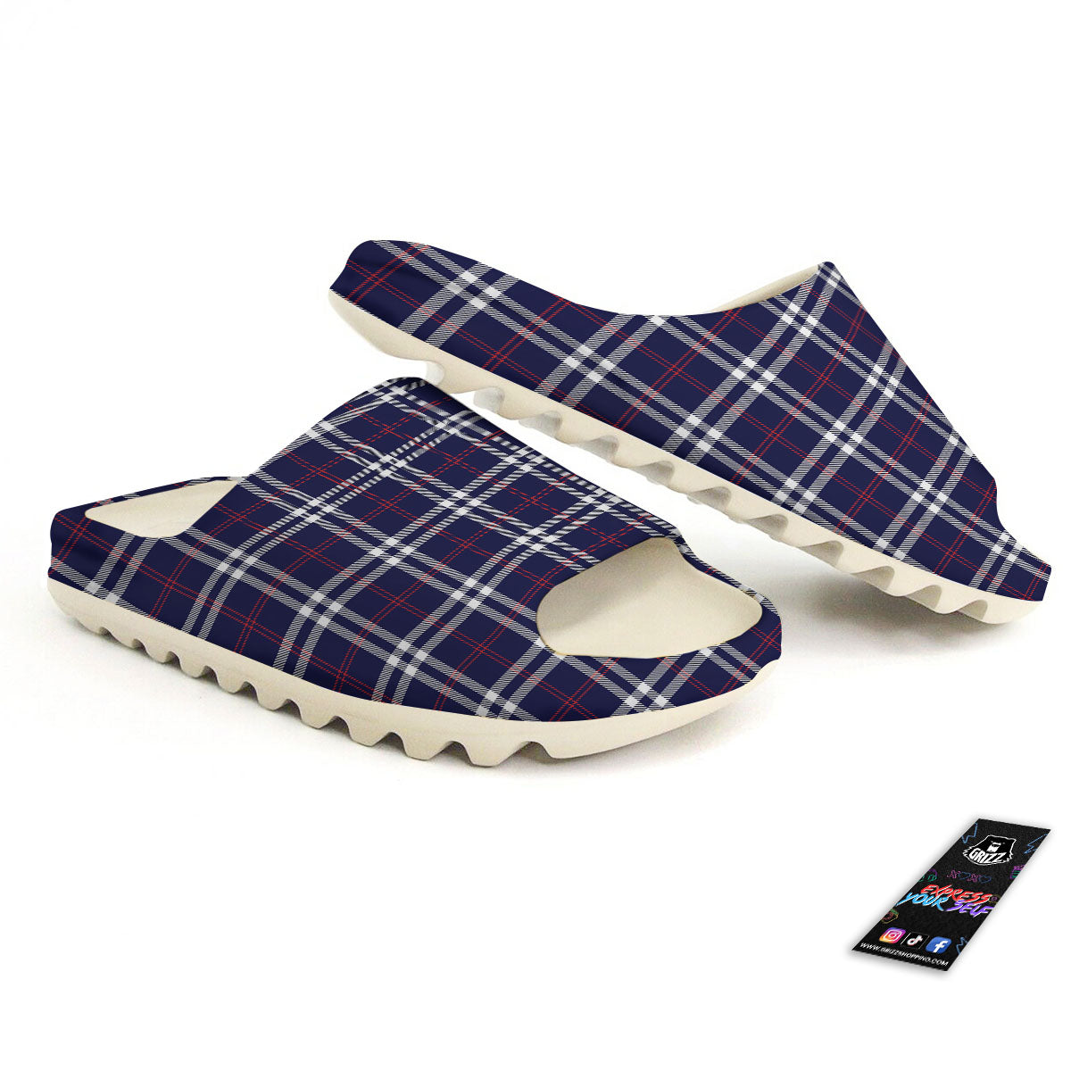 White Blue And Red Tartan Print Pattern Sandals-grizzshop