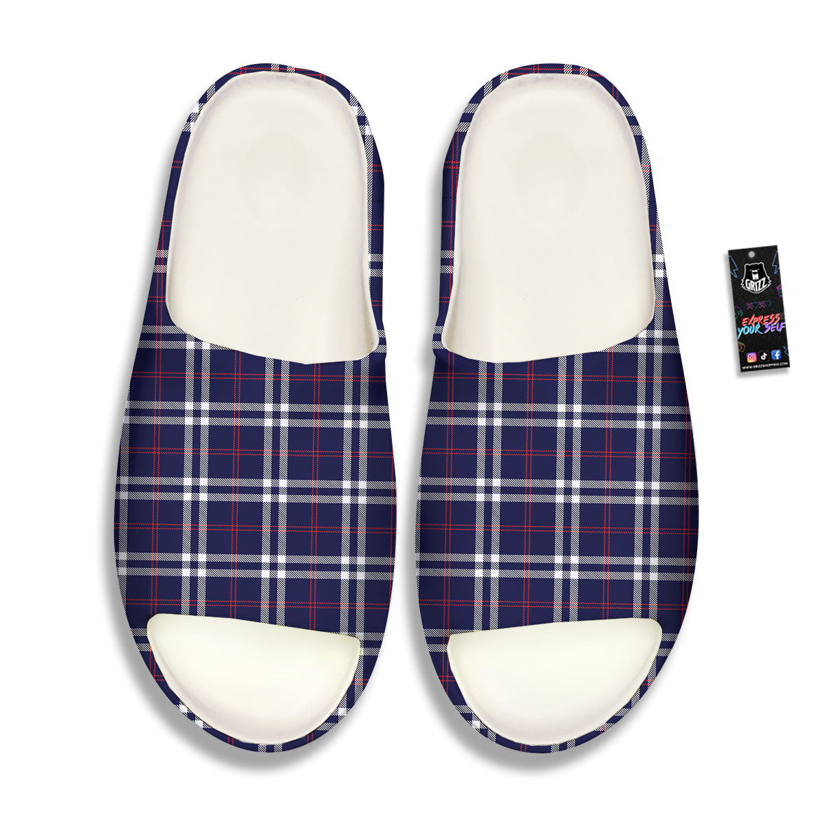 White Blue And Red Tartan Print Pattern Sandals-grizzshop