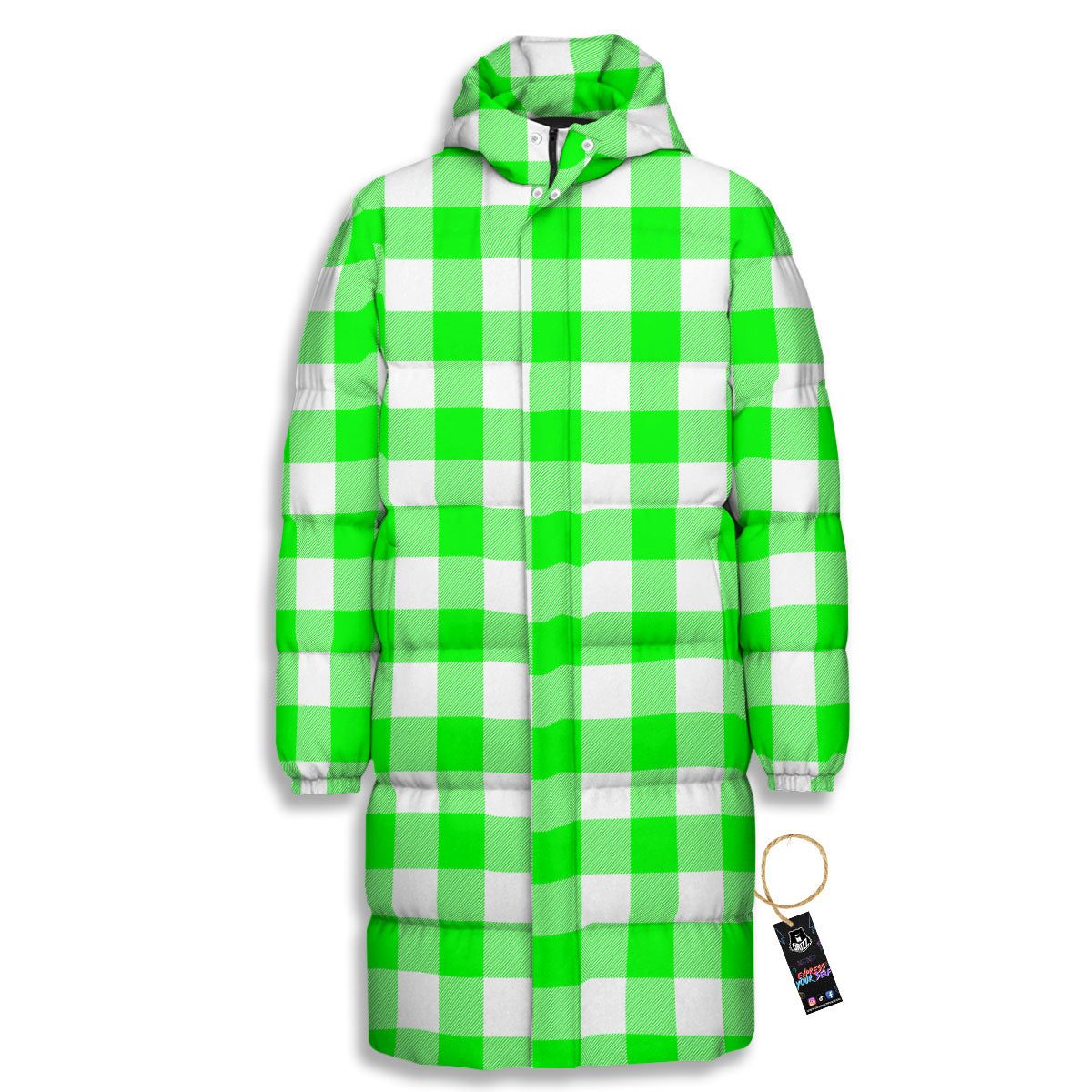 White Buffalo Check And UFO Green Print Pattern Long Down Jacket