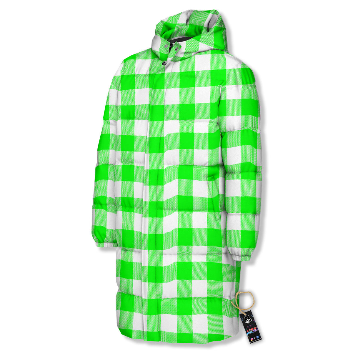White Buffalo Check And UFO Green Print Pattern Long Down Jacket