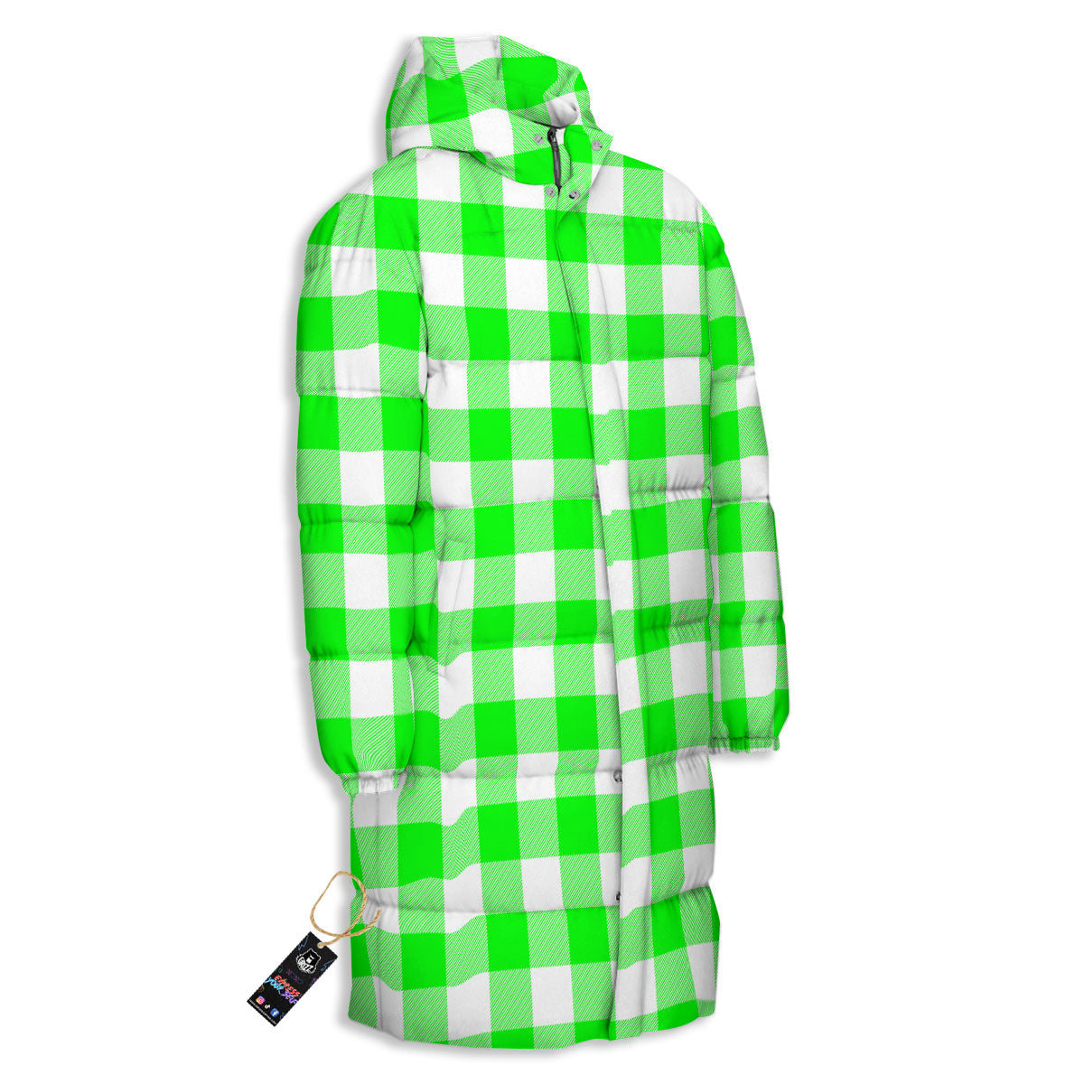 White Buffalo Check And UFO Green Print Pattern Long Down Jacket